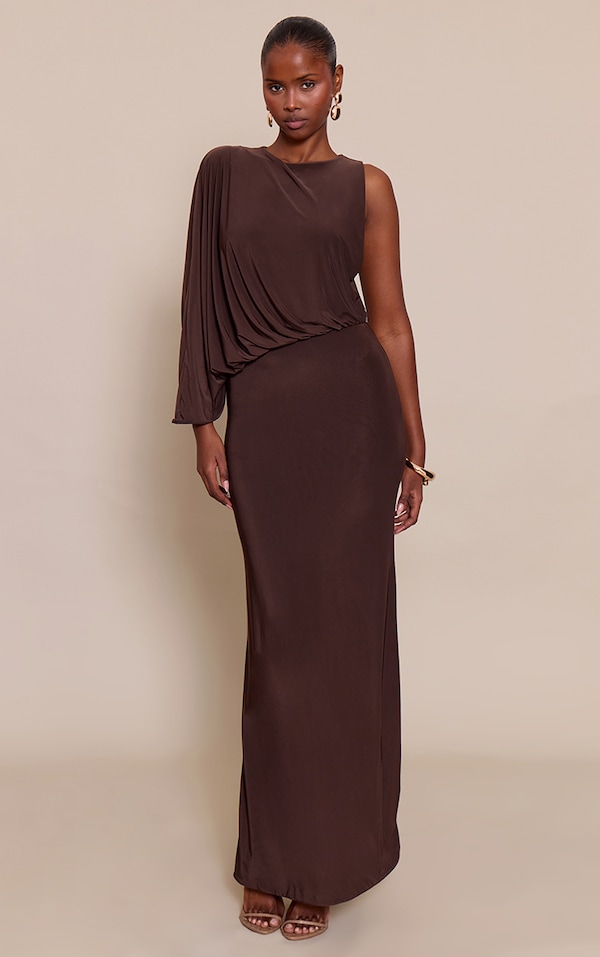 Chocolate Slinky Asymmetric Slouchy Maxi Dress