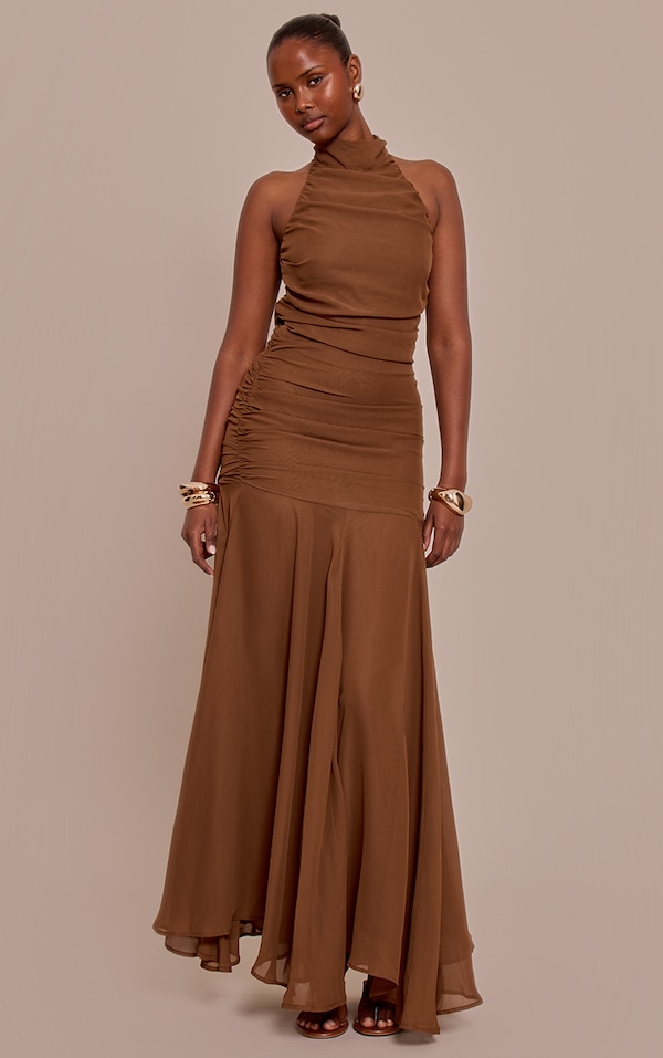 Chocolate Chiffon High Neck Maxi Dress