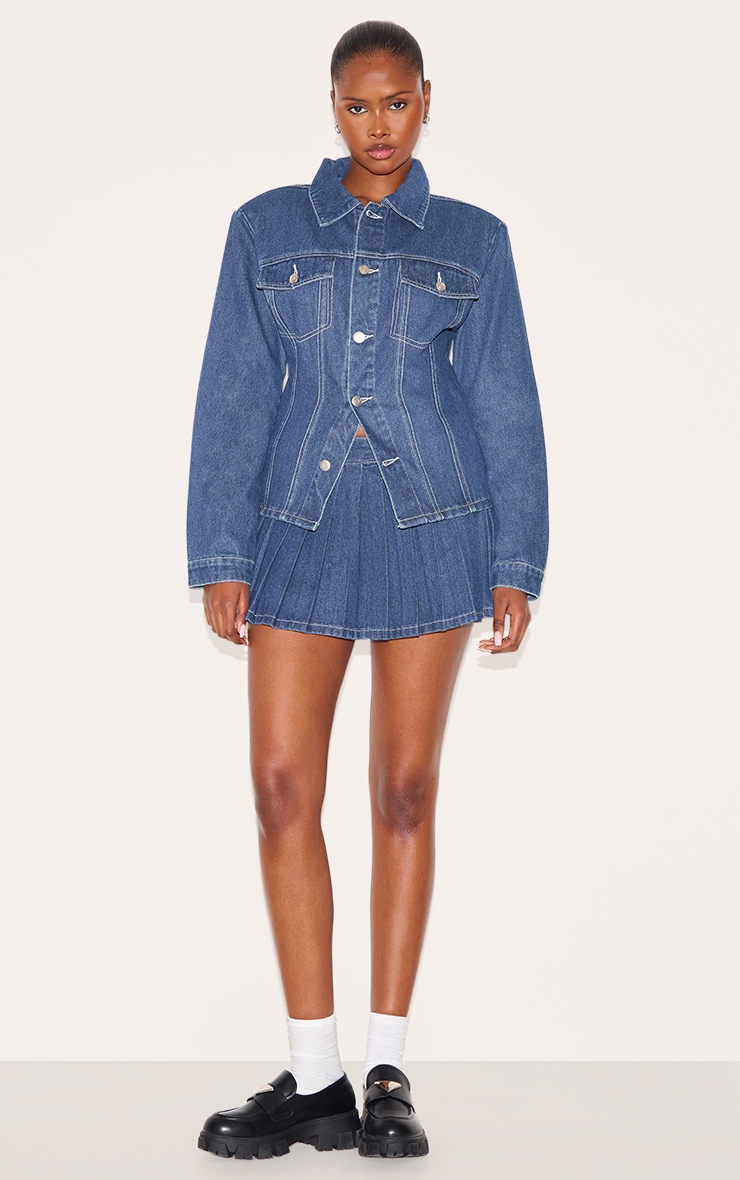 Dark Blue Shoulder Pad Cinch Waist Denim Trucker Jacket image 3