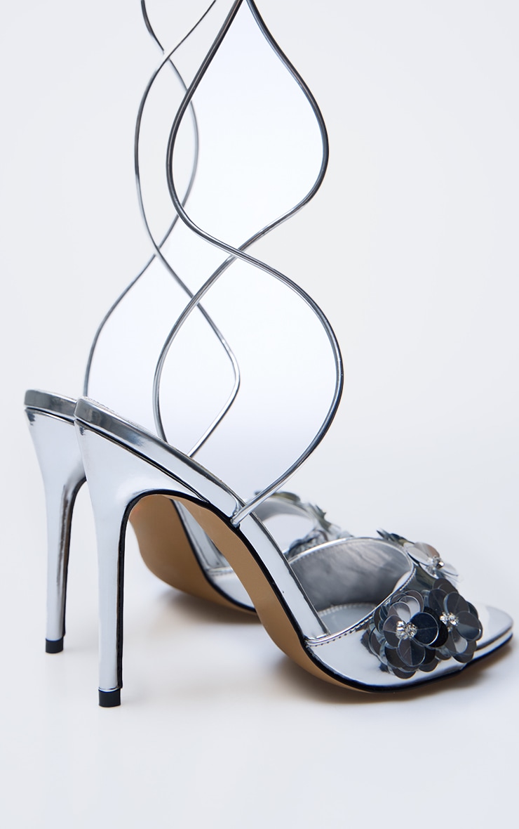 Silver PU Round Toe Sequin Flower Lace Up Heeled Sandals image 4