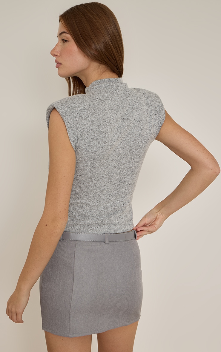 Grey Marl Soft Knit Shoulder Detail High Neck Long Top image 2