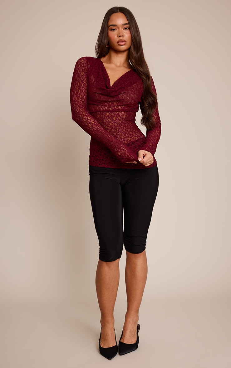Plum Sheer Lace Cowl Neck Long Sleeve Top  image 3