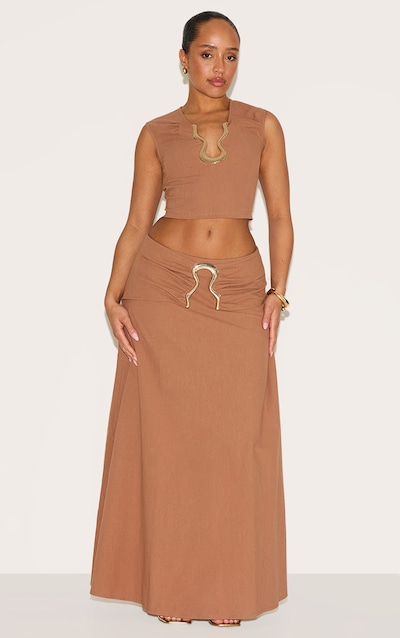 Shape Mocha Linen Look Fold Gold Wave Trim Maxi Skirt