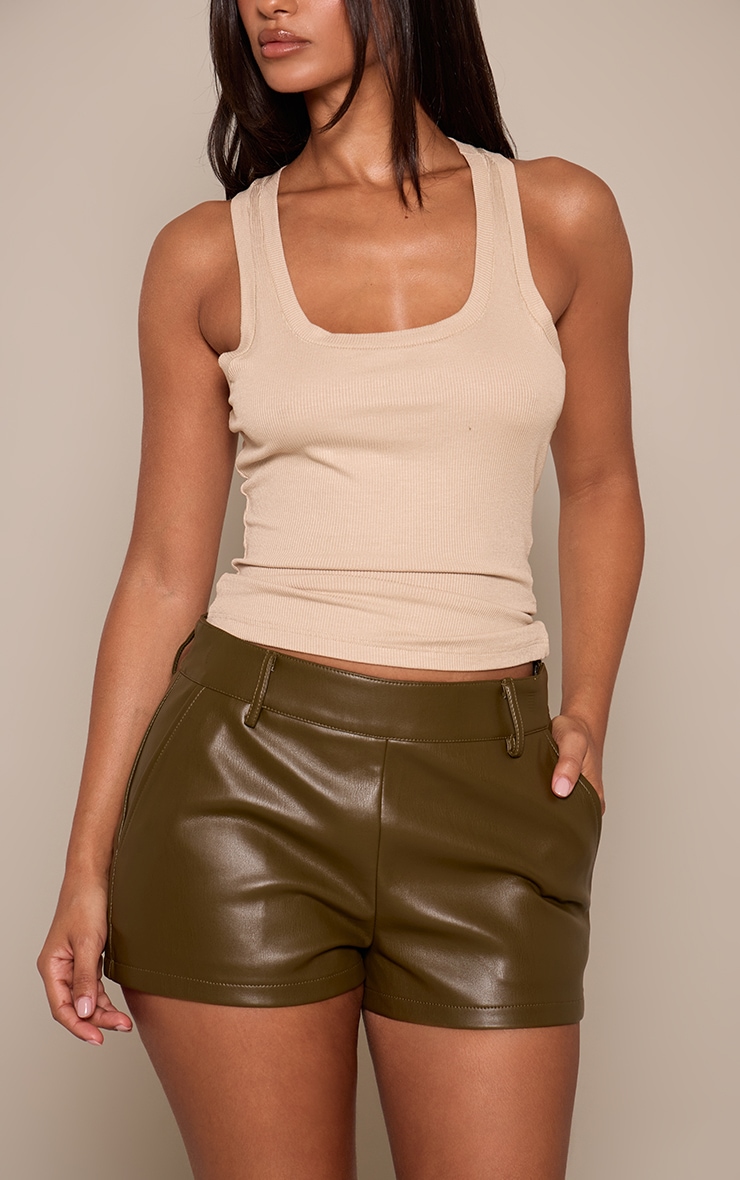 Petite Deep Khaki Faux Leather Mini Shorts image 2