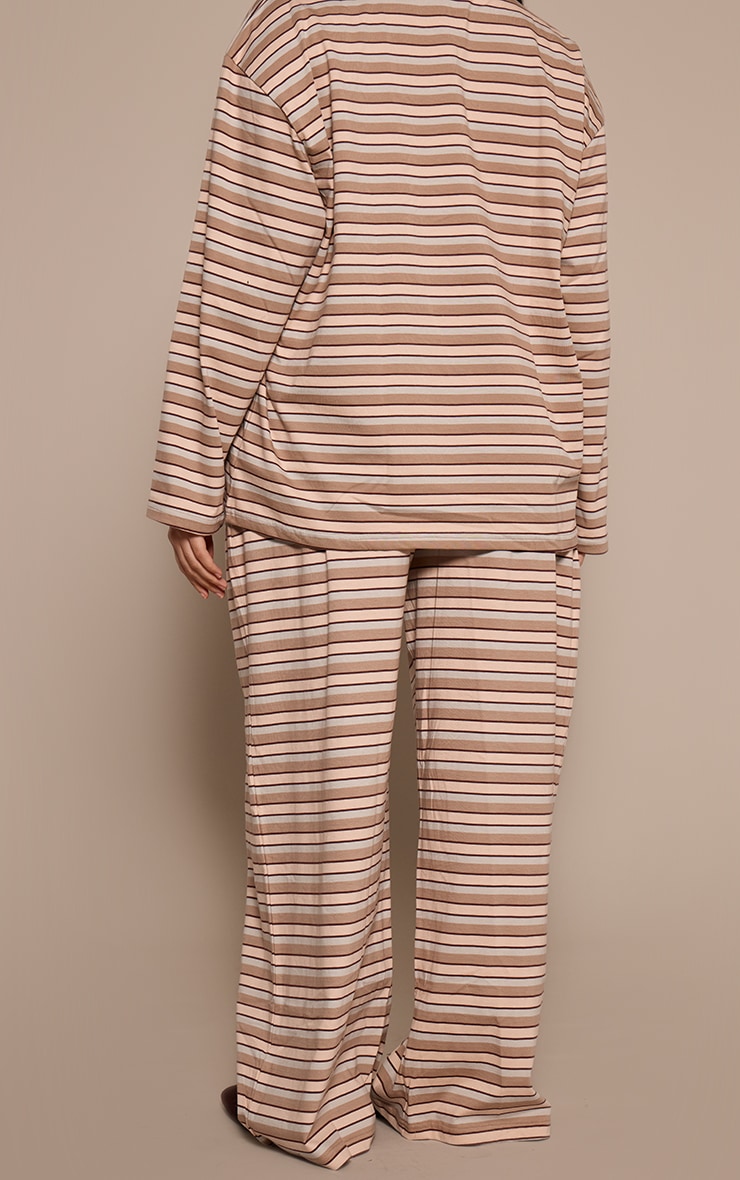 Plus Light Brown Striped Wide Leg Drawstring Trousers image 3