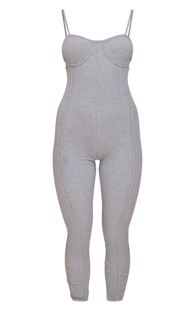 Grey Marl Ribbed Cup Detail Overlock Seam Strappy Jumpsuit image 5