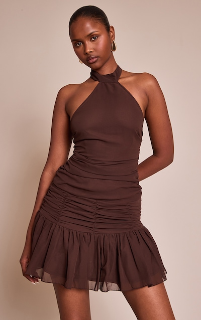 Chocolate Chiffon Halter Neck Mini Shift Dress
