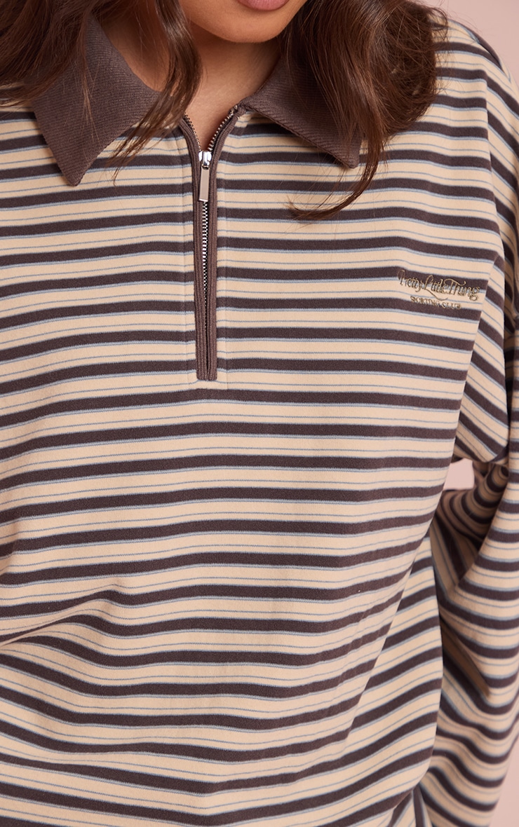 Sweat polo en polaire douce marron à rayures et quart de zip image 4