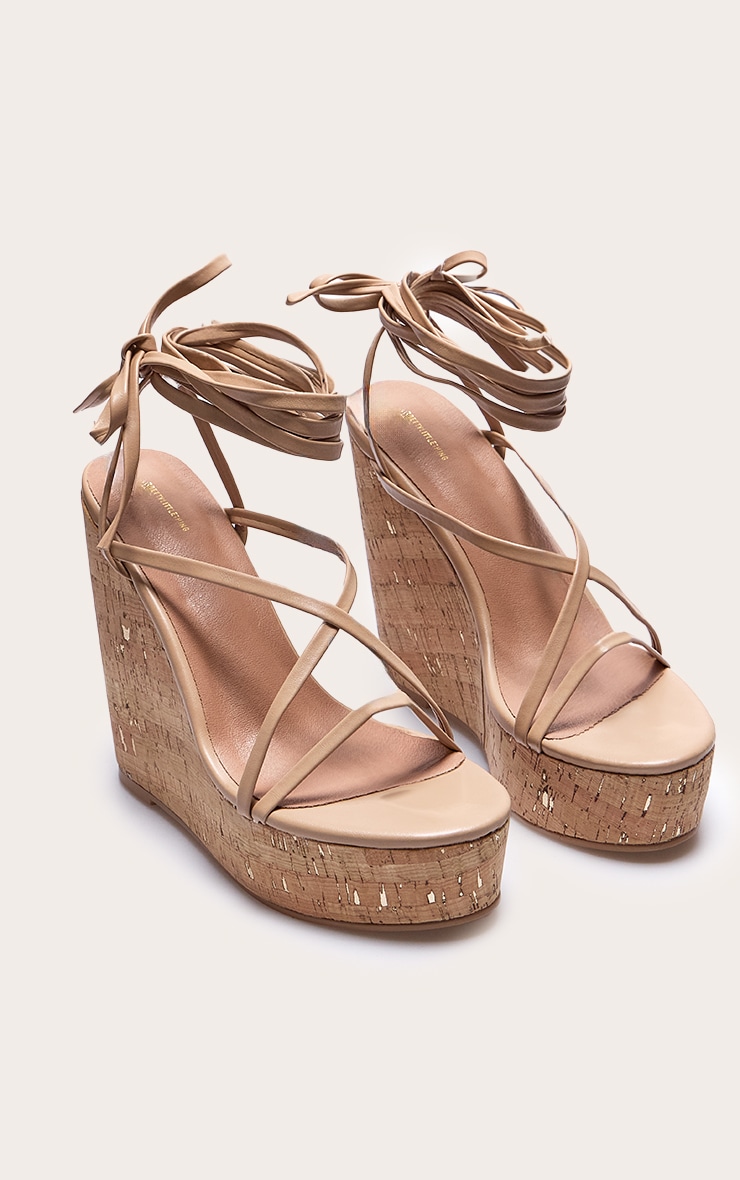 Nude Pu Strappy Lace Up High Heel Cork Wedges image 2