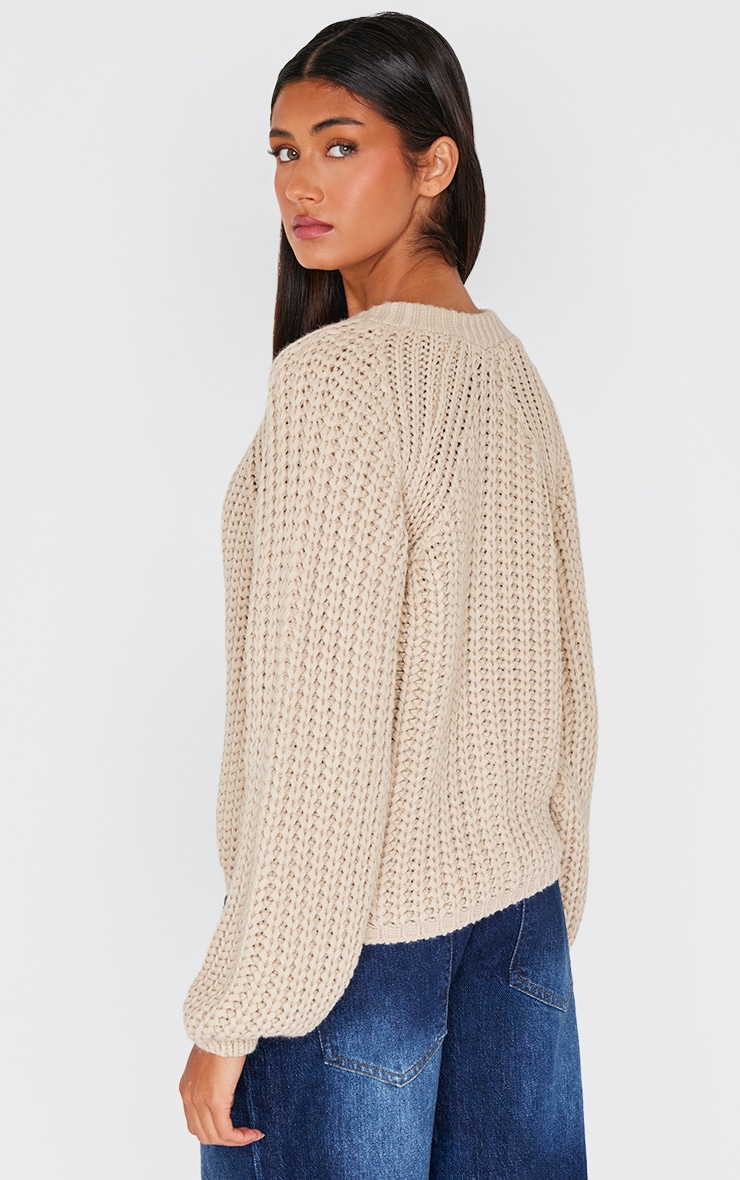 Beige Chunky Cable Knit Button Up Cardigan image 2