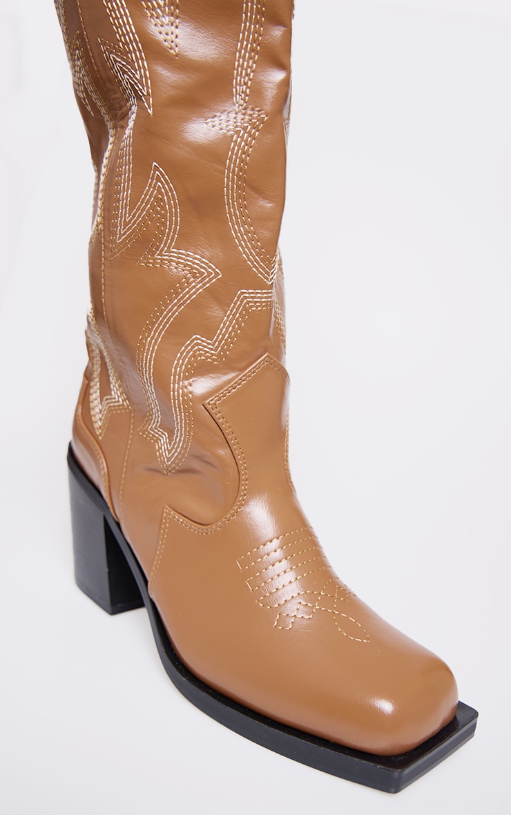 Tan PU Square Toe Stitch Detail Knee High Block Heel Western Boots image 4