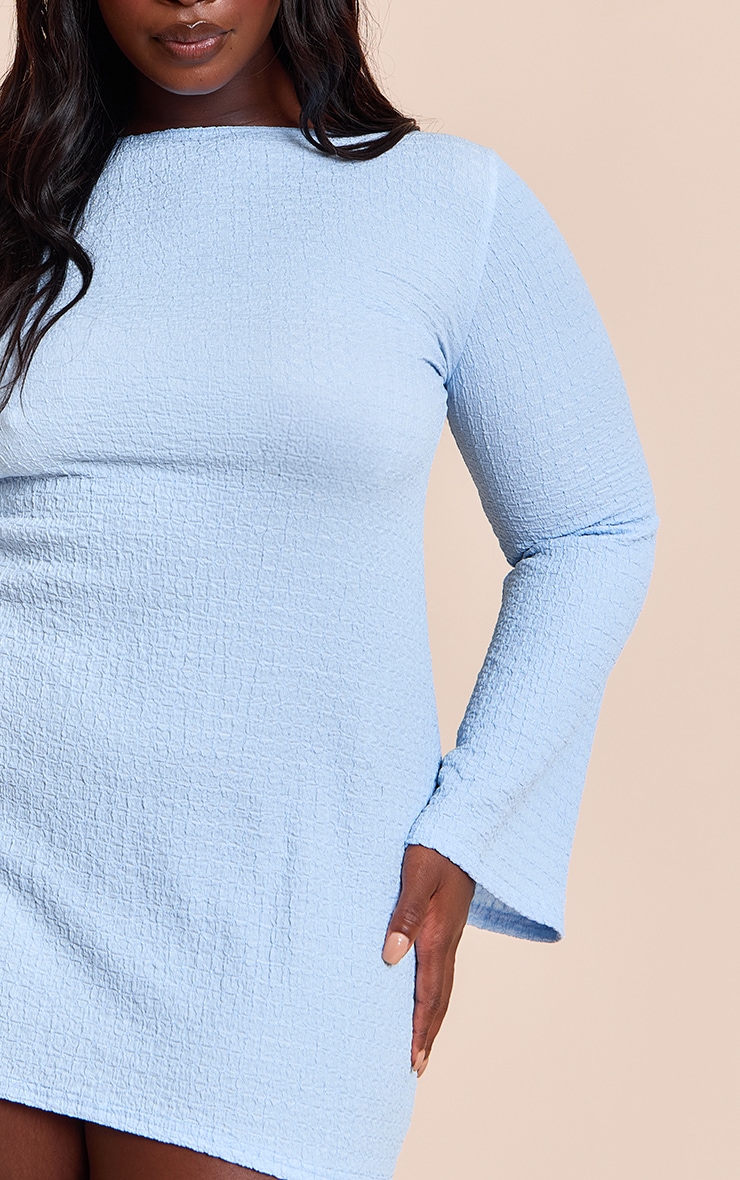 Plus Light Blue Textured Boat Neck Long Sleeve Shift Dress image 4
