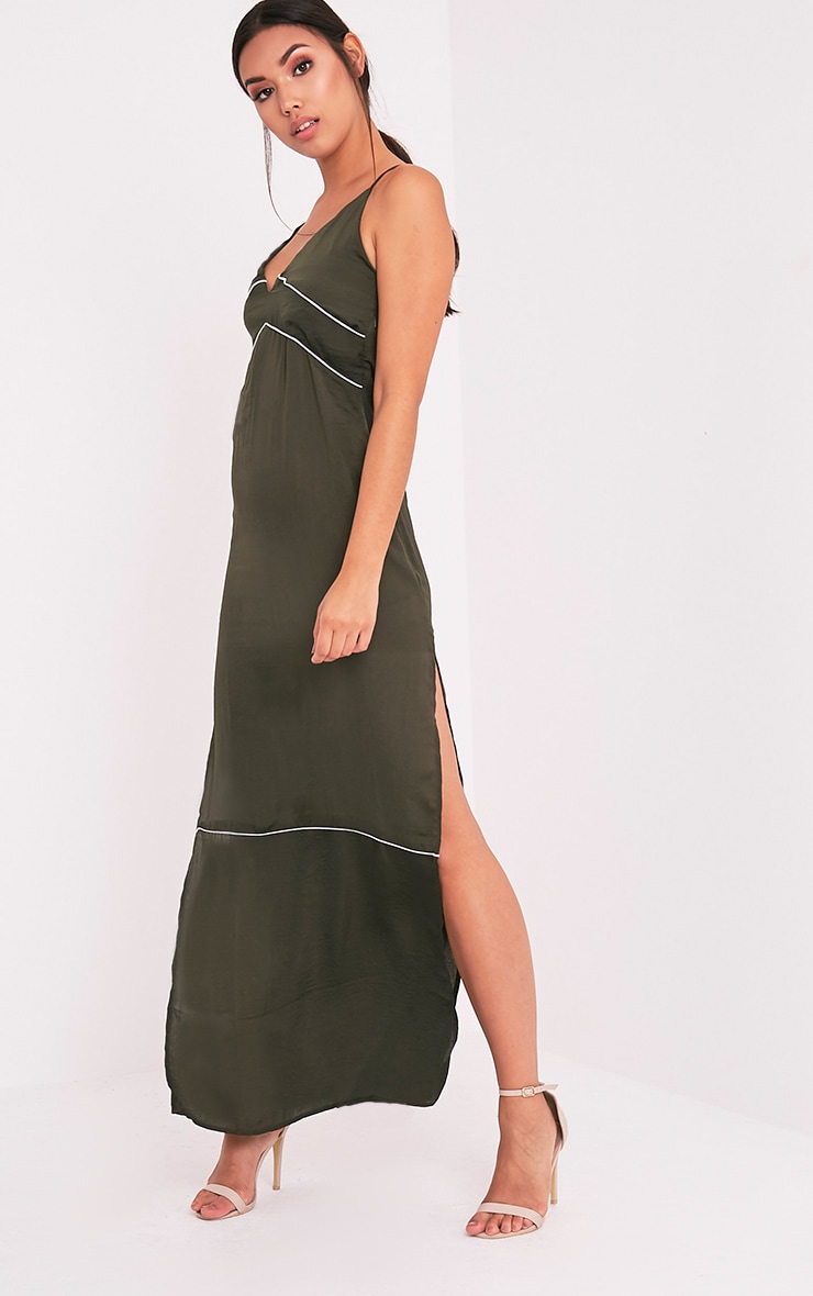 Learna Khaki Maxi Plunge Back Slip Dress PrettyLittleThing