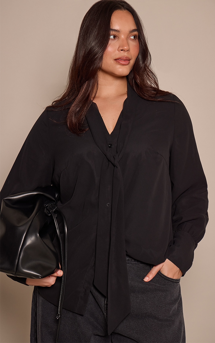 Plus Black Chiffon Plunge Scarf Detail Shirt image 1