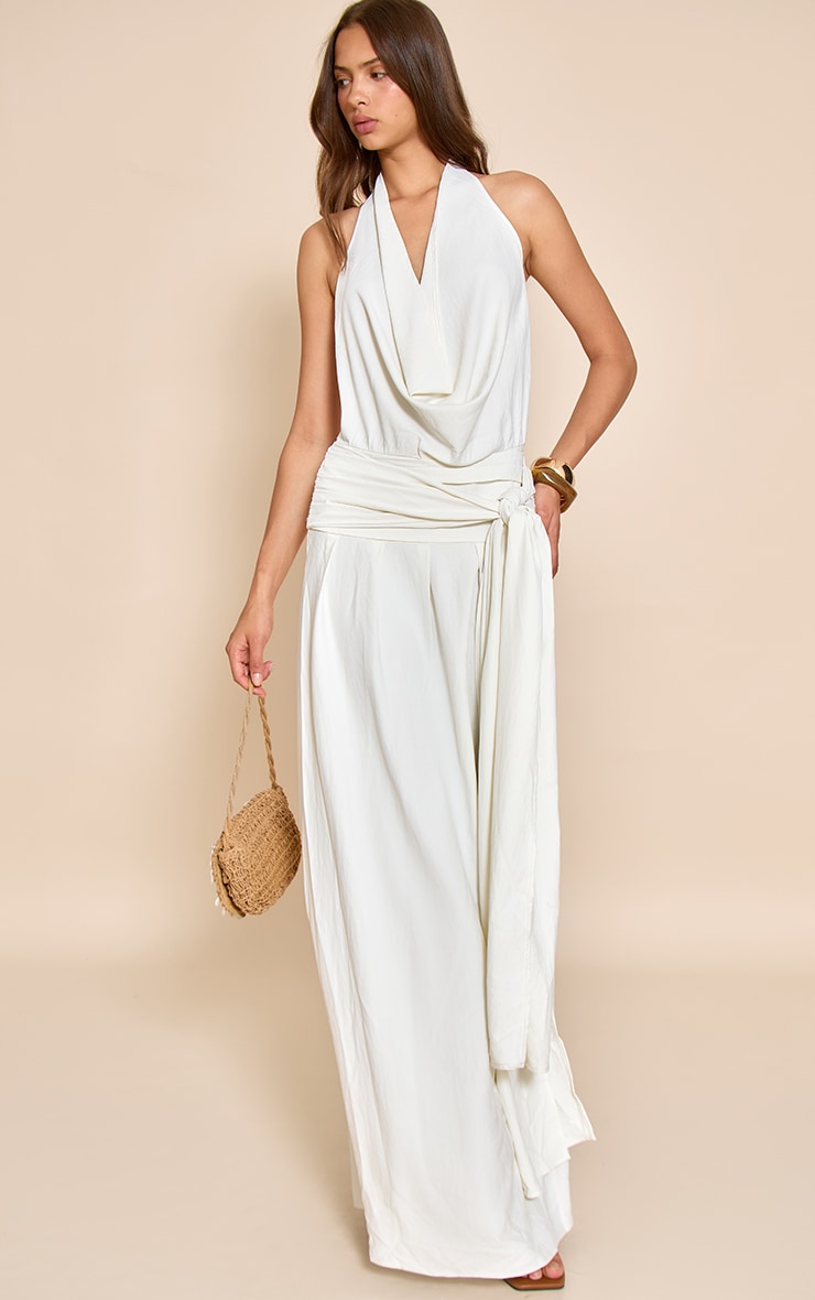 Robe longue fluide tissée crème à col bénitier et dos échancré image 1