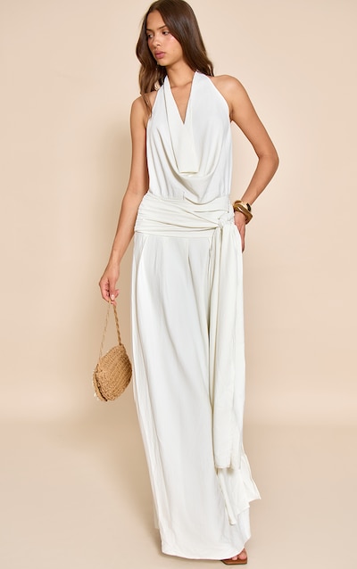 Robe longue fluide tissée crème à col bénitier et dos échancré
