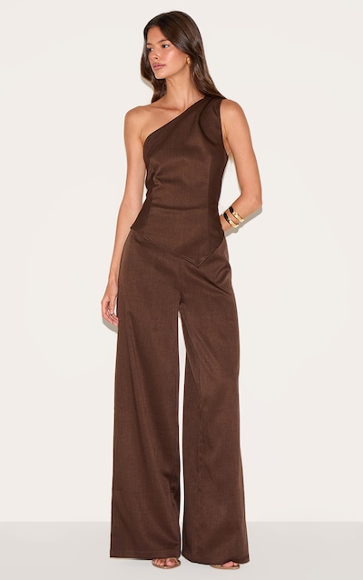 Chocolate Woven One Shoulder Wide Leg Jumpsuit