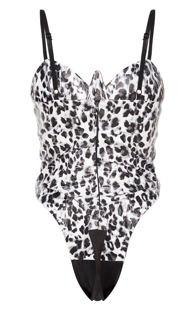 Grey Leopard Faux Leather V Wire Bodysuit | PrettyLittleThing