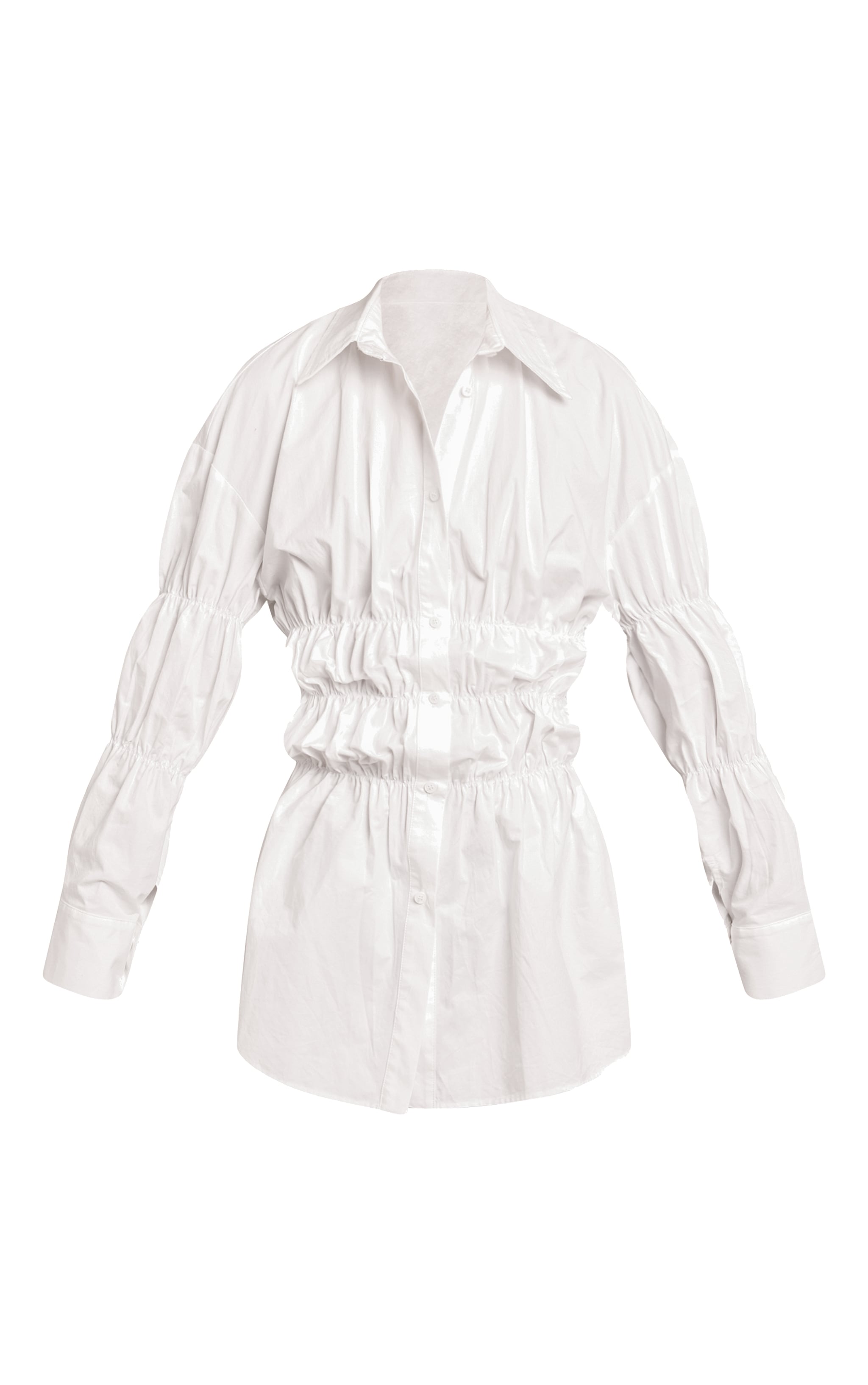 White Ruched Long Sleeve Shirt Dress image 5