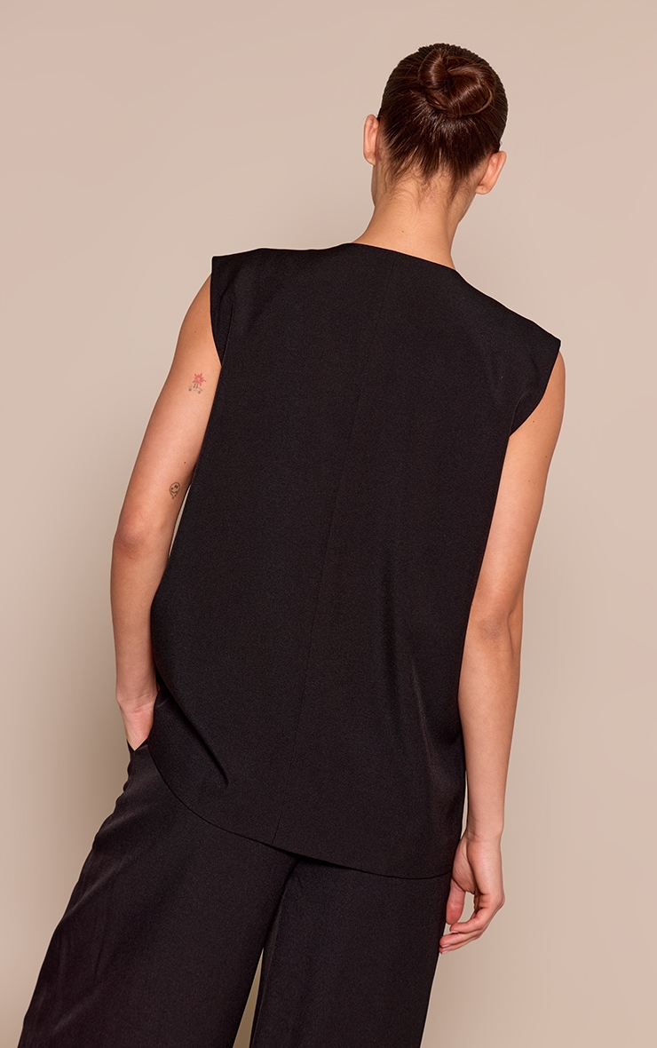 Black Woven Collarless Oversized Shoulder Pad Vest image 2