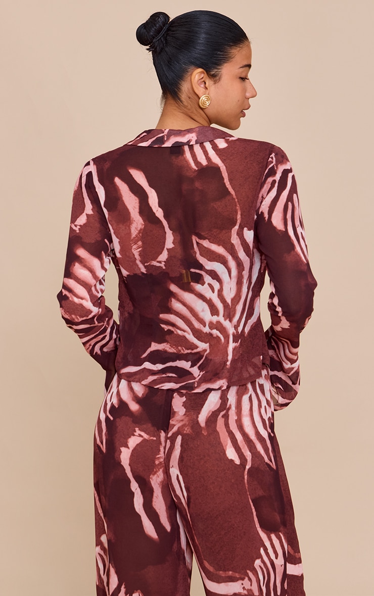 Brown Chiffon Abstract Print Long Sleeve Tie Front Shirt image 2