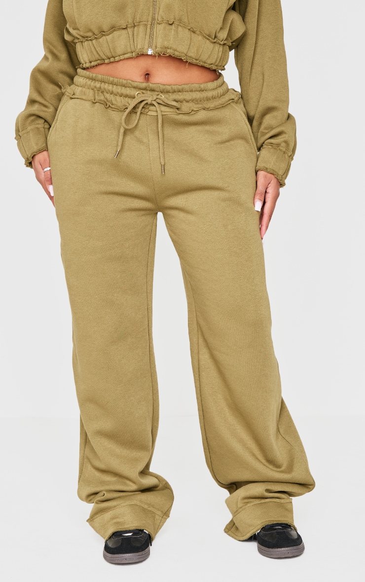 PRETTYLITTLETHING Shape Olive Distressed Elasticated Waistband Wide Leg Track Pants image 2