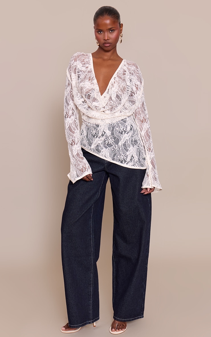 Cream Sequin Lace Cowl Front Top image 3