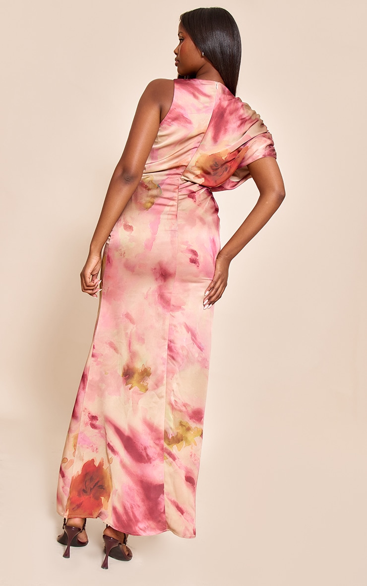 Pink Printed Asymmetric Ruched Detail Maxi Dress image 2
