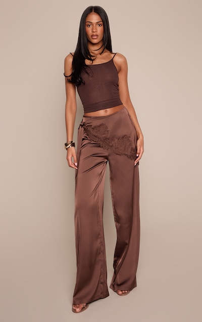 Tall Chocolate Satin Scarf Wide Leg Trousers