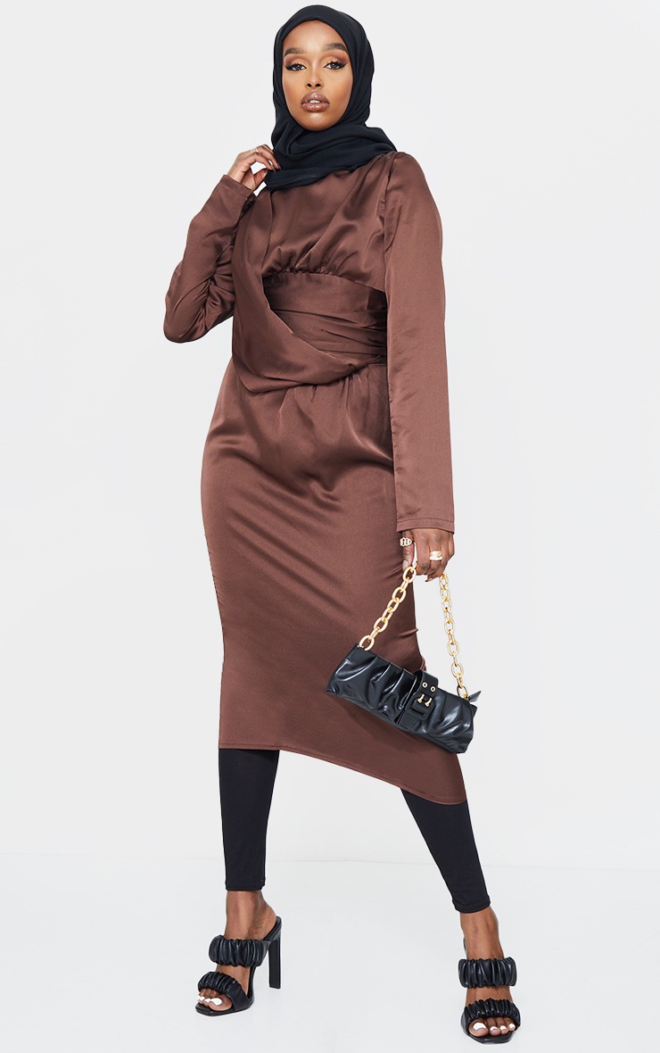 Chocolate Pleated Drape Detail Midi Dress