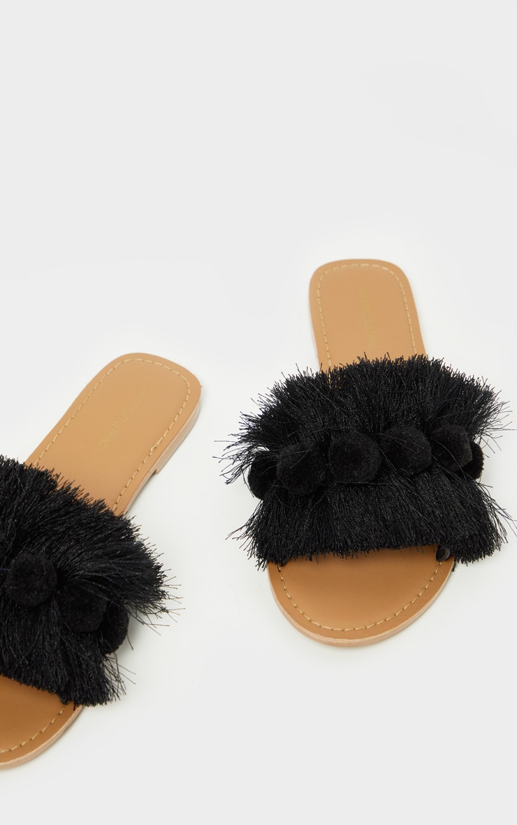 Black Tassel Pom Pom Mule Sandal