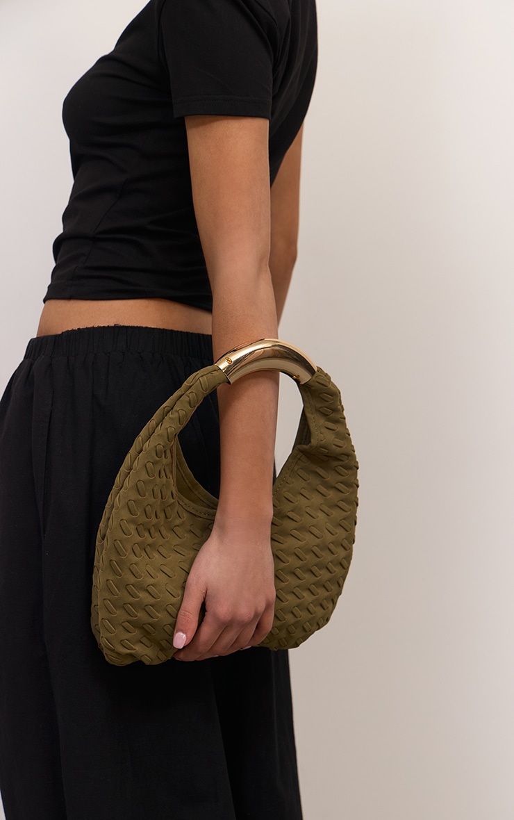 Khaki Faux Suede Weave Metal Handle Shoulder Bag