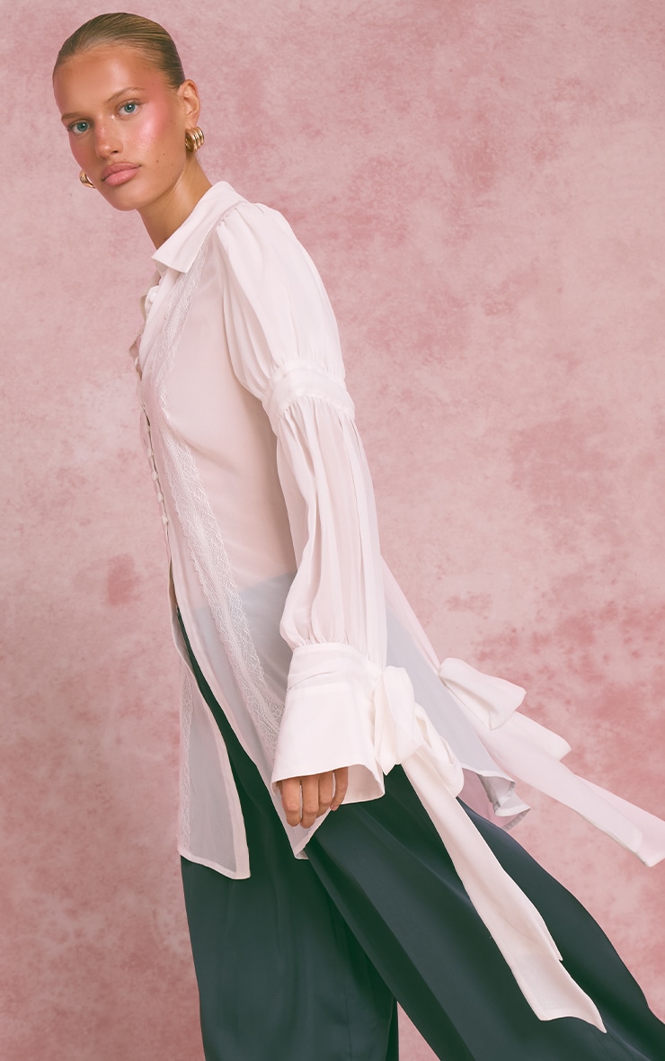 White Chiffon Lace Trim Detail Long Blouse image 4