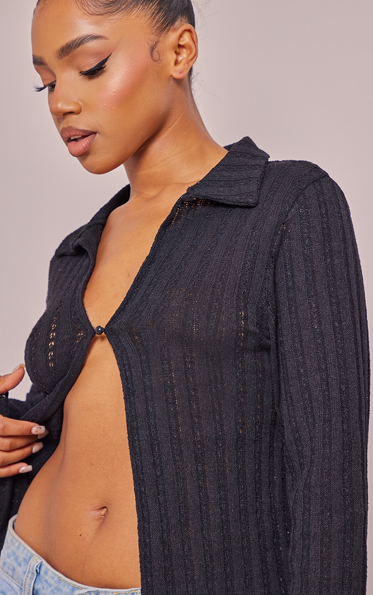 Black Textured One Button Long Sleeve Shirt image 4