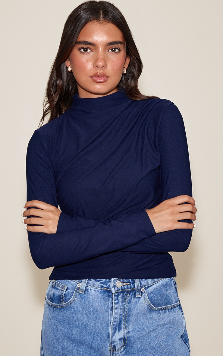 Navy Soft Touch High Neck Ruched Detail Long Sleeve Top  image 1
