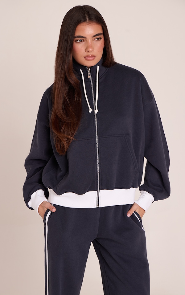 Navy PLT Tab Contrast Cotton Fleece Quarter Zip Sweatshirt