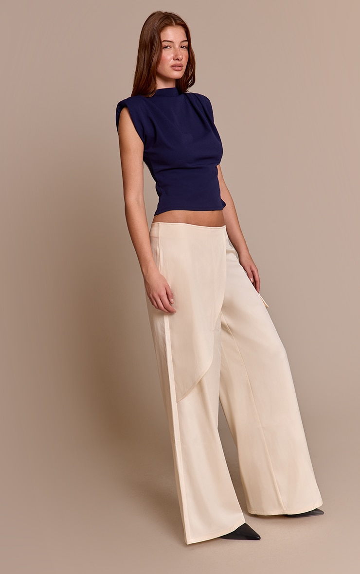 Navy Shoulder Pad Pleated Boat Neck Top image 3