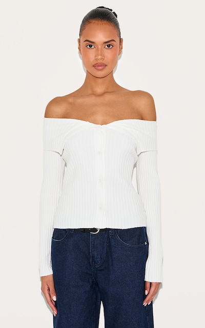 Cream Rib Knit Fold Over Button Up Top