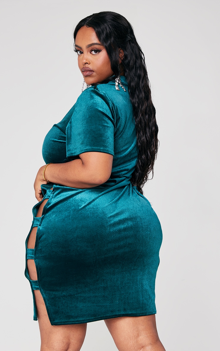 Plus Emerald Green Velvet Cut Out Side Short Sleeve Bodycon Dress image 2