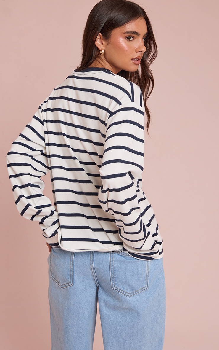 Navy Stripe Cotton Long Sleeve Boxy T Shirt  image 2