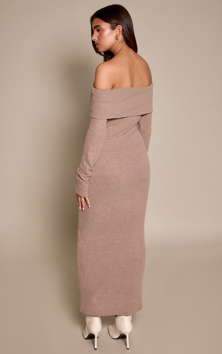 Taupe Ribbed Bardot Button Down Maxi Dress image 2