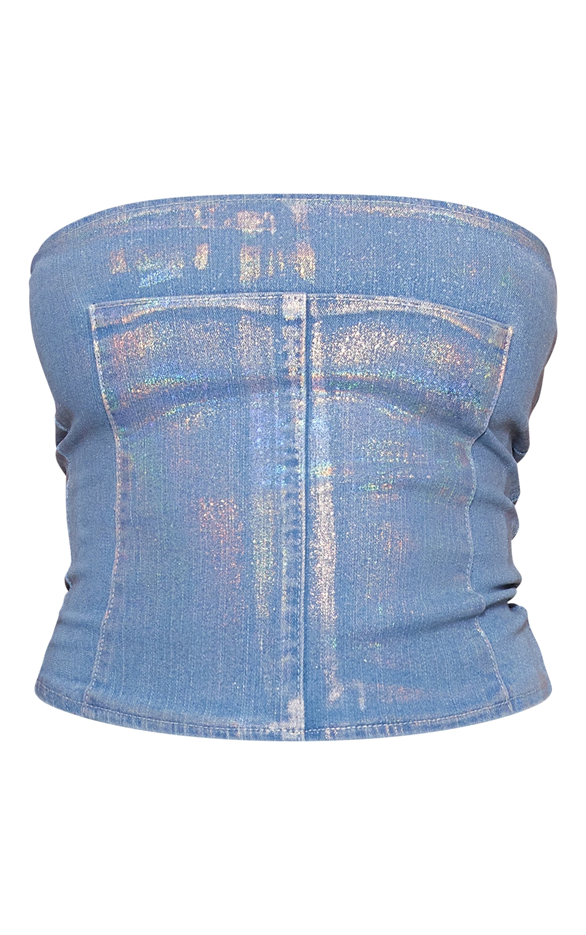 Petite Blue Iridescent Metallic Denim Panel Long Top image 1