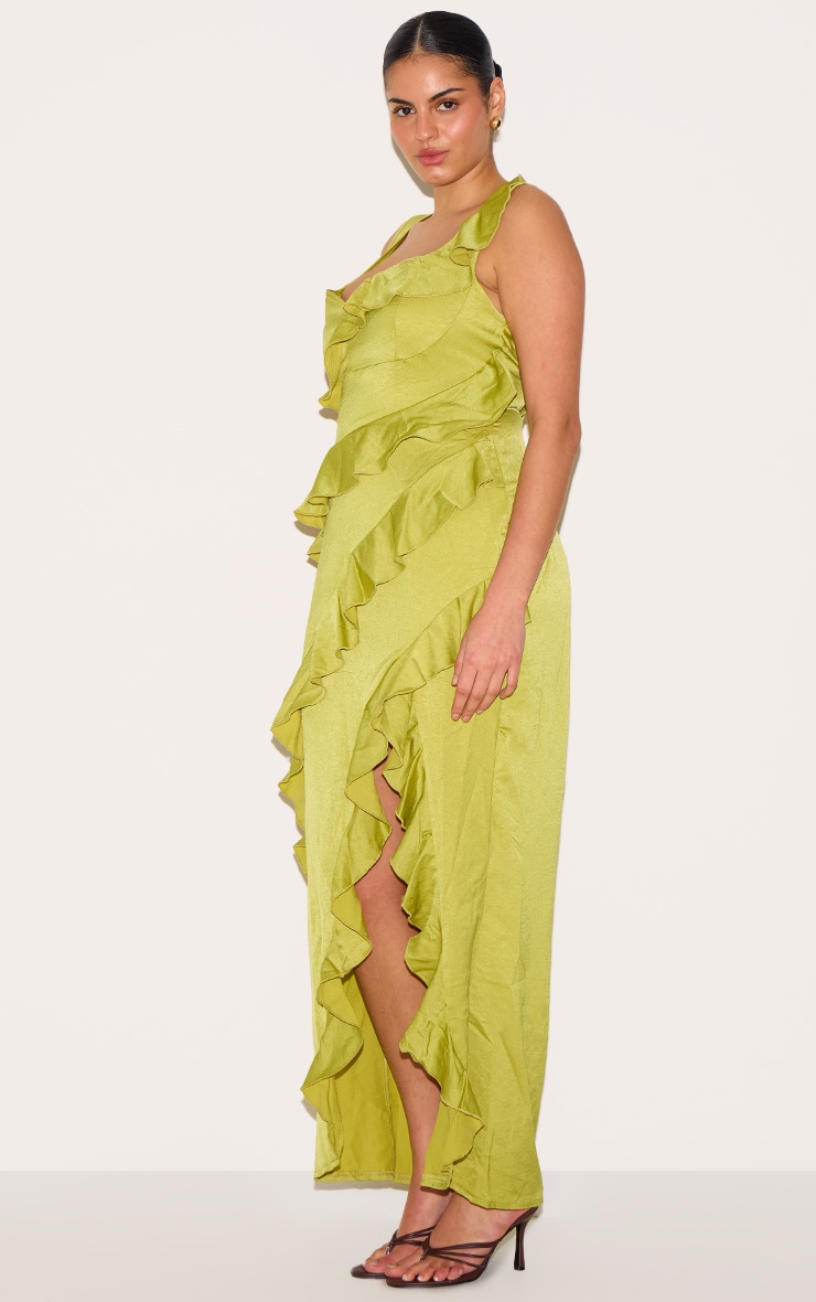 Plus Olive Satin Frill Layered Maxi Dress image 3