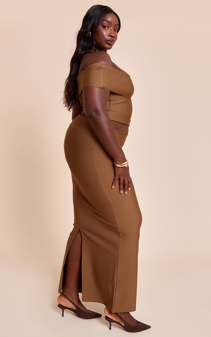 Plus Deep Chocolate Tailored Bandage Knit Asymmetric Fold Over Top image 3
