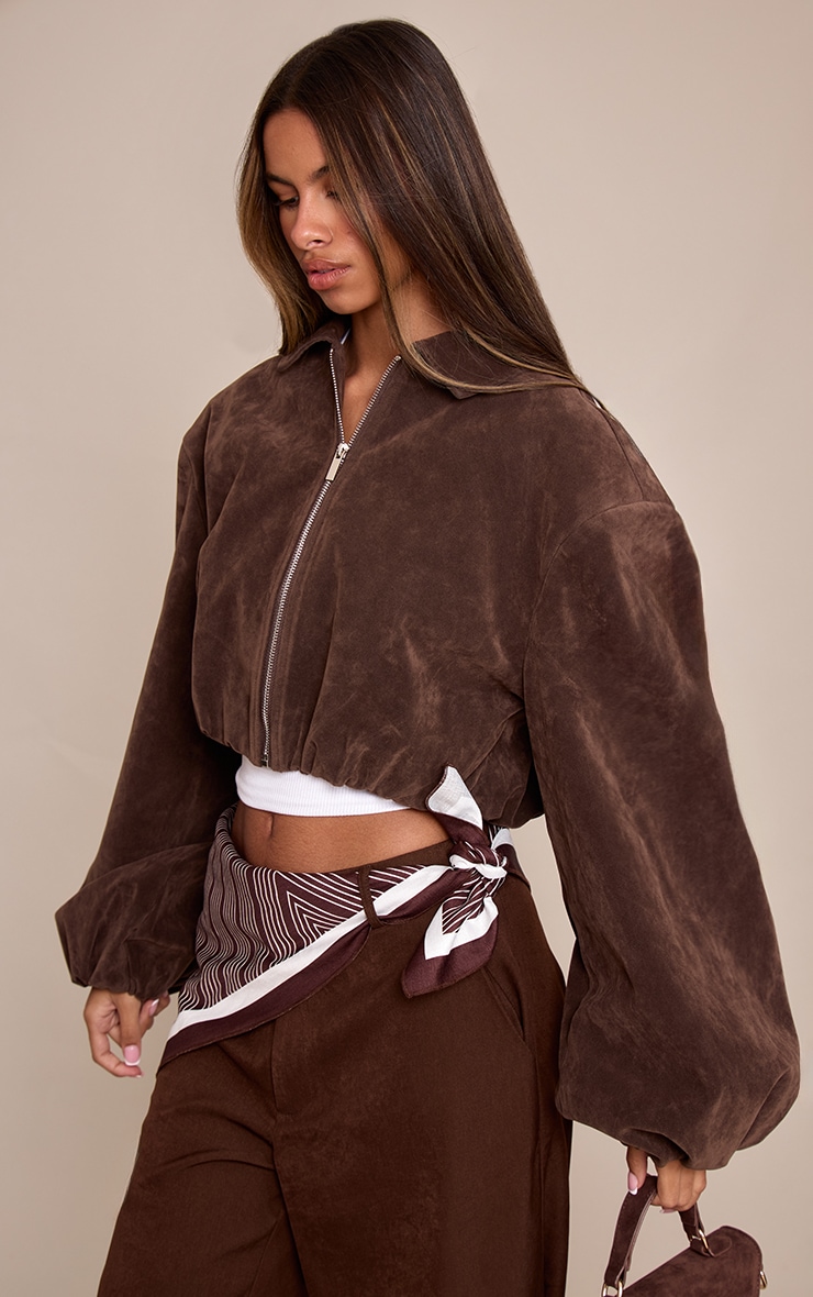 Petite Dark Chocolate Suede Balloon Sleeve Jacket