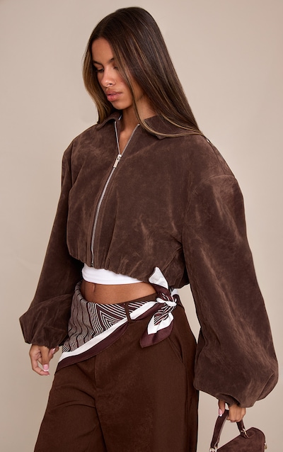 Petite Dark Chocolate Suede Balloon Sleeve Jacket
