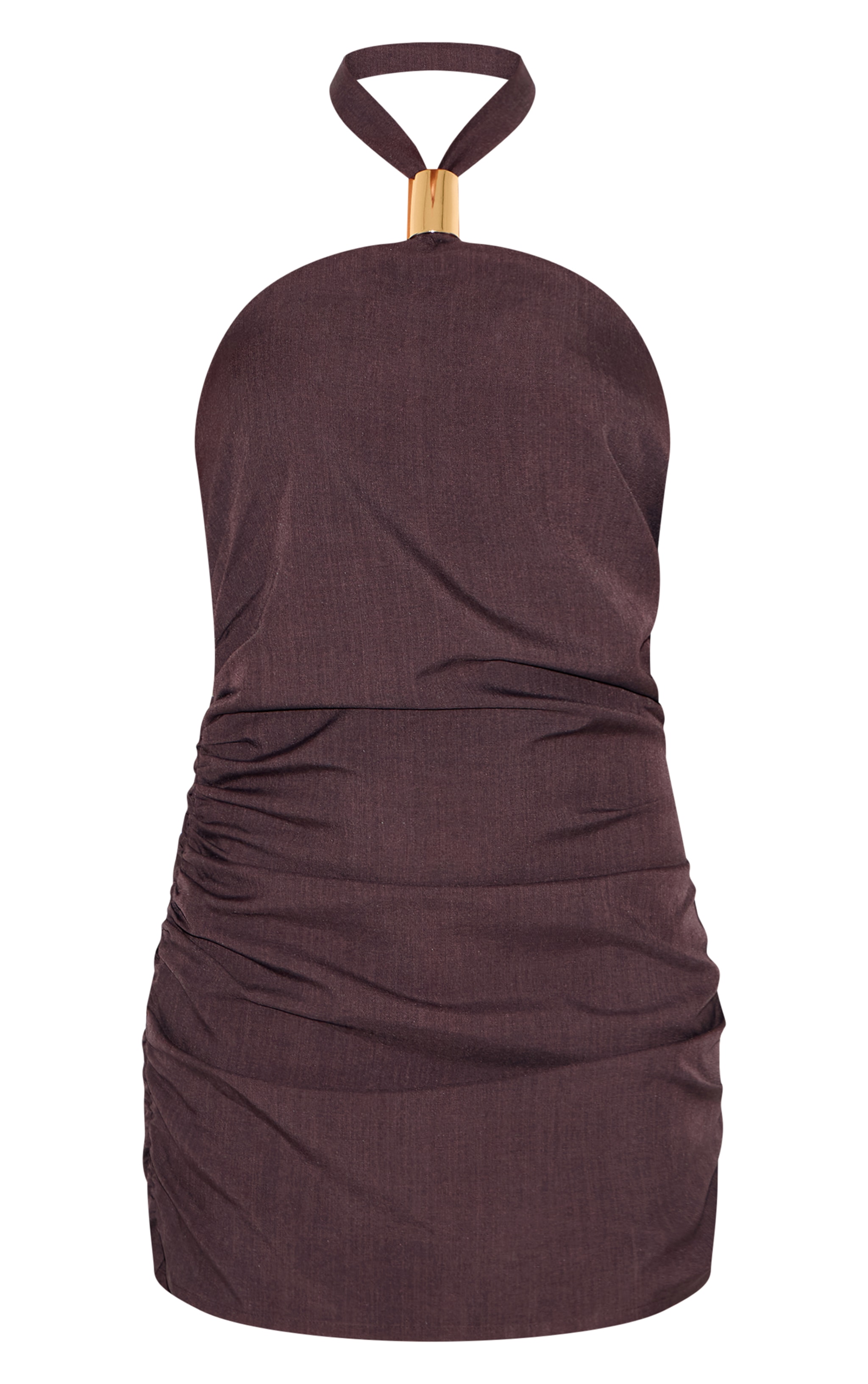 Petite Dark Plum Halterneck Trim Detail Ruched Bodycon Dress image 5