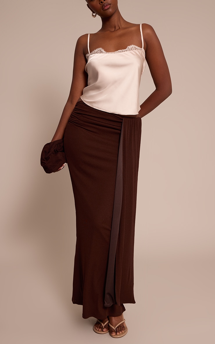 Chocolate Double Layer Onion Skin Drape Detail Maxi Skirt image 2