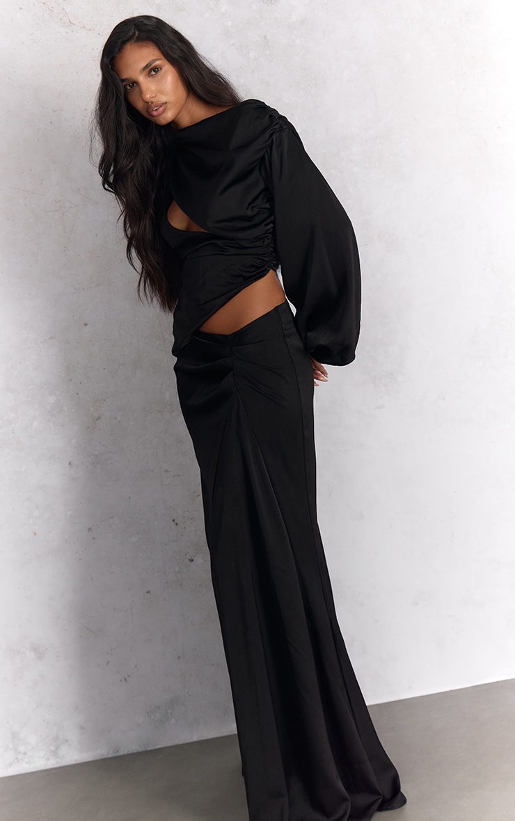 Black Satin Dipped Waist Maxi Skirt image 2