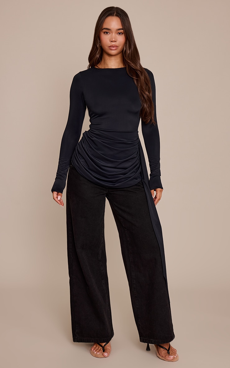 Black Matte Sculpt Extreme Drape Detail Long Sleeve Top image 3